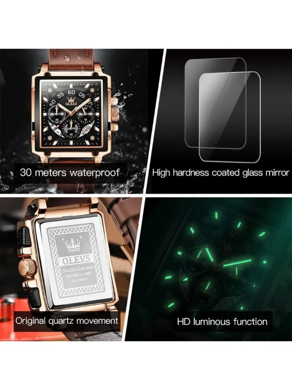 Men's Brown Black Quartz Leather Strap Waterproof Trendy Square Dial Wrist Watch